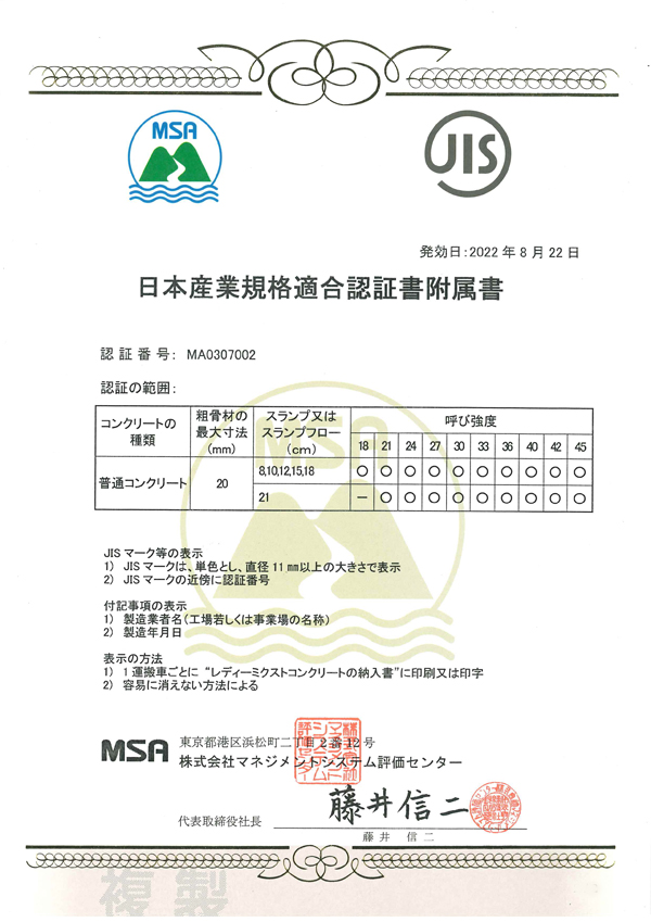 日本工業規格（JIS）認証書付属書